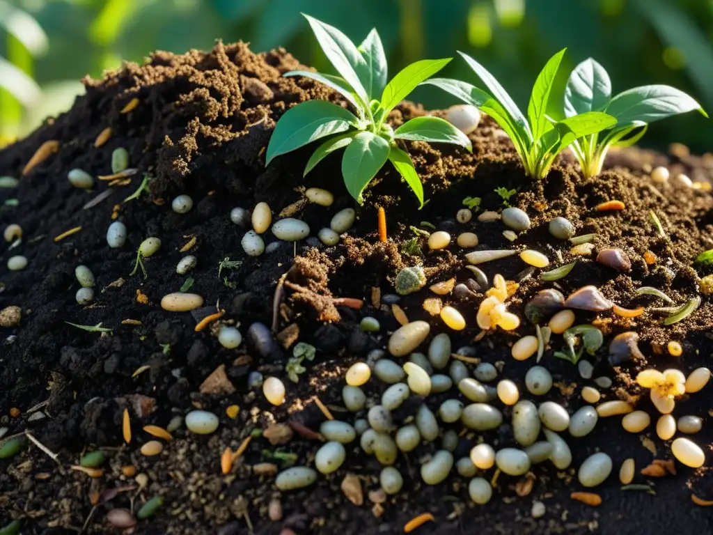 Detalles impresionantes de descomposición de residuos cárnicos y lácteos, con microorganismos, insectos y raíces en compost oscuro