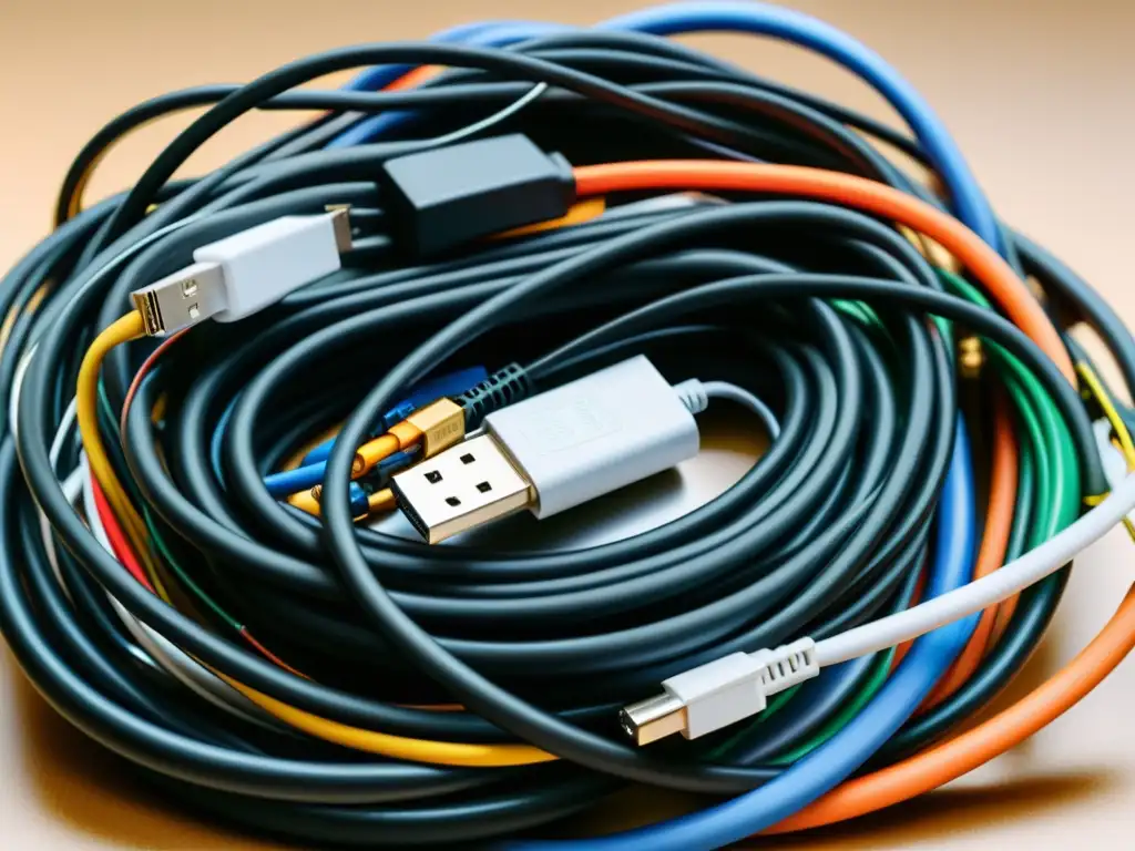 Detalles intrincados de cables y cargadores descartados