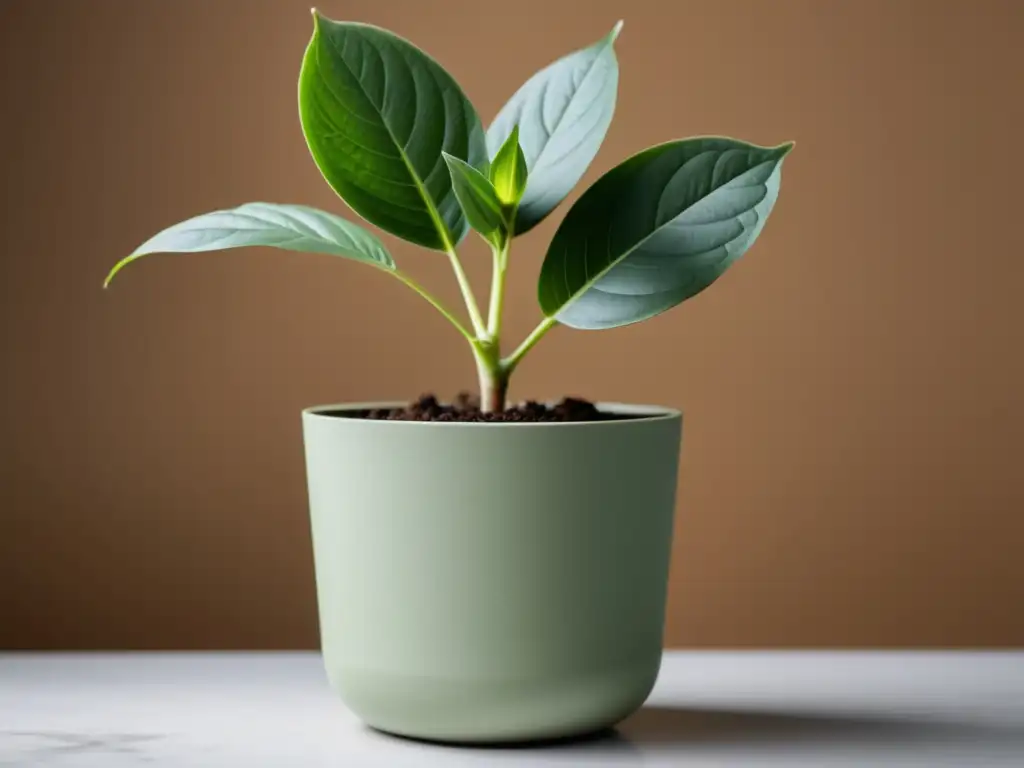 Detalles nítidos de una planta exuberante en maceta compostable, reflejando moderna sostenibilidad