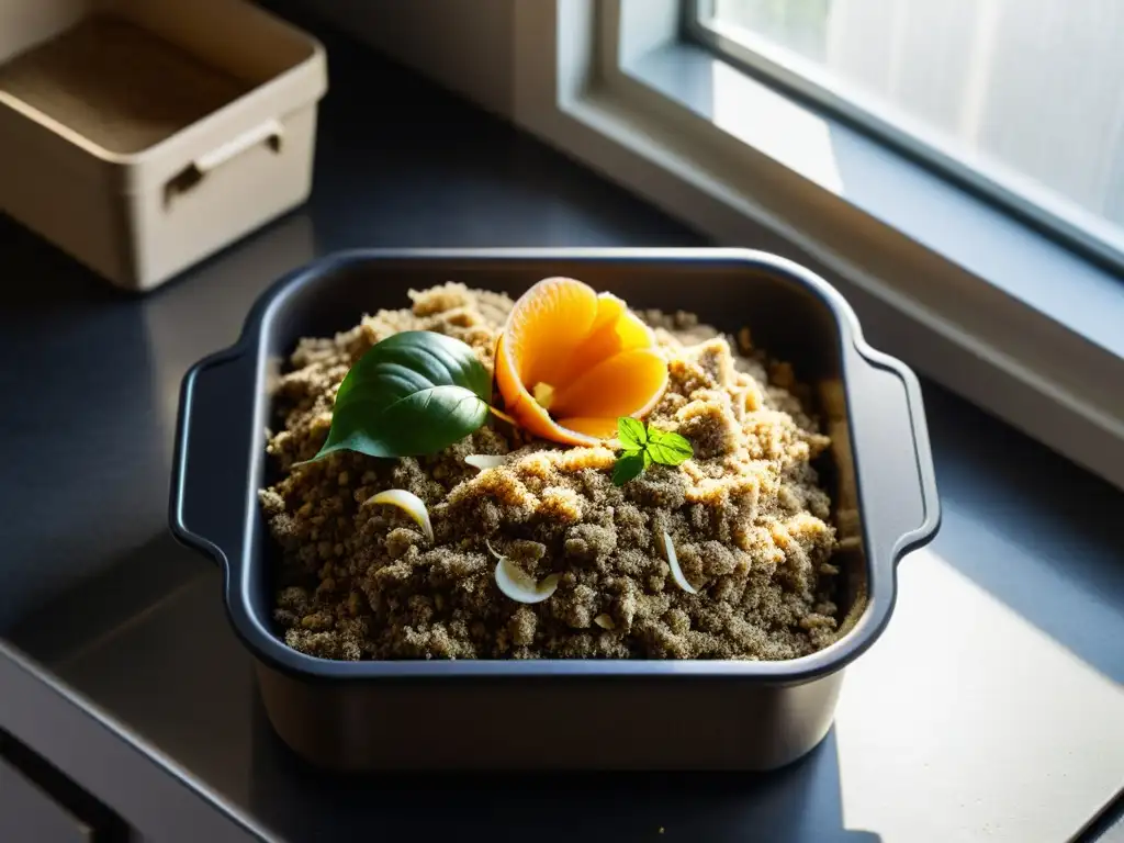 Detalles nítidos de técnicas de compostaje con bokashi en cocina casera