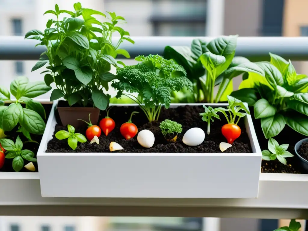 Detalles del próspero compostaje urbano en el hogar, con suelo oscuro, vegetales y hierbas frescas en un balcón vibrante