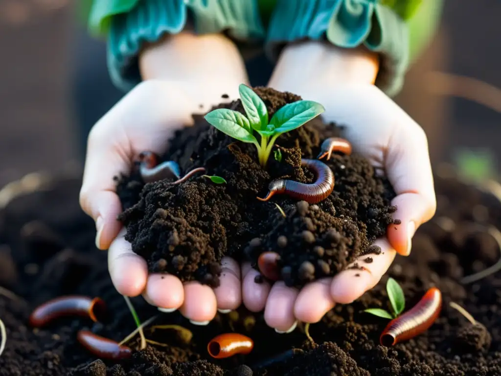 Detalles ricos y húmedos de compost con lombrices y microorganismos, capturando la esencia de técnicas de compostaje para conservar humedad