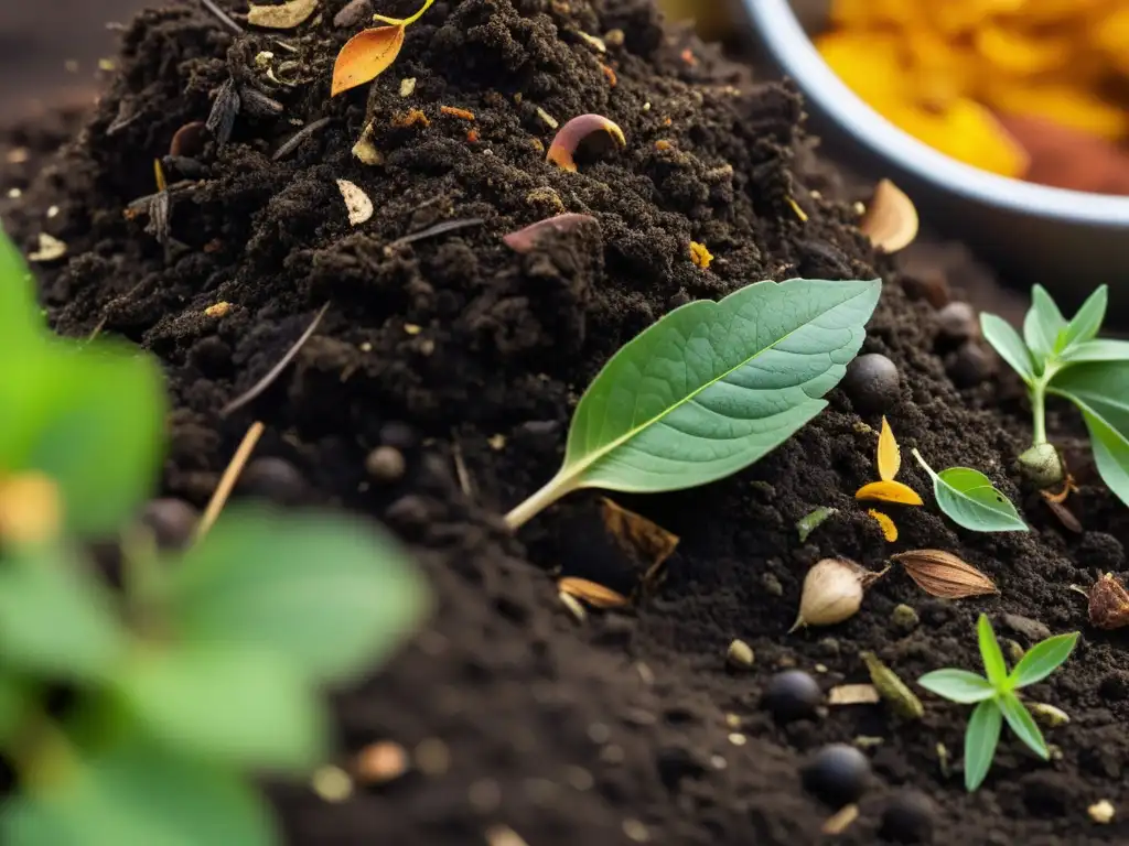 Detalles ricos en minerales de un compost orgánico, con capas de restos de cocina, hojas y materia orgánica en descomposición