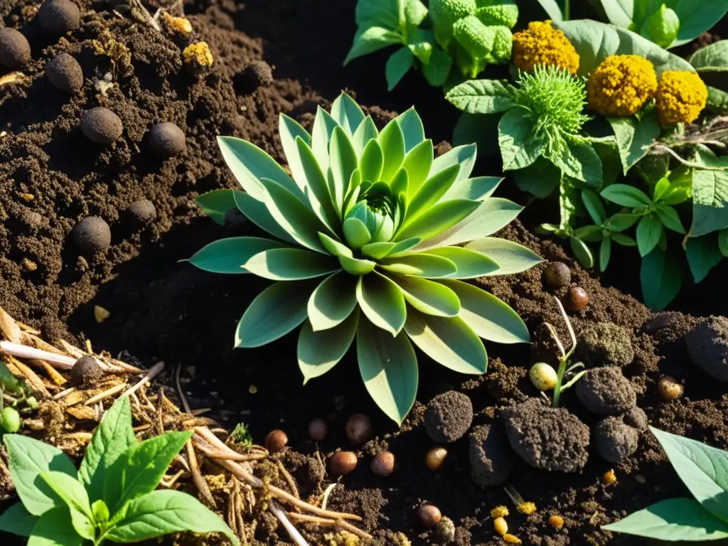 Detalles ricos de un montón de compost, con capas de materia orgánica en descomposición, suelo fértil y microorganismos