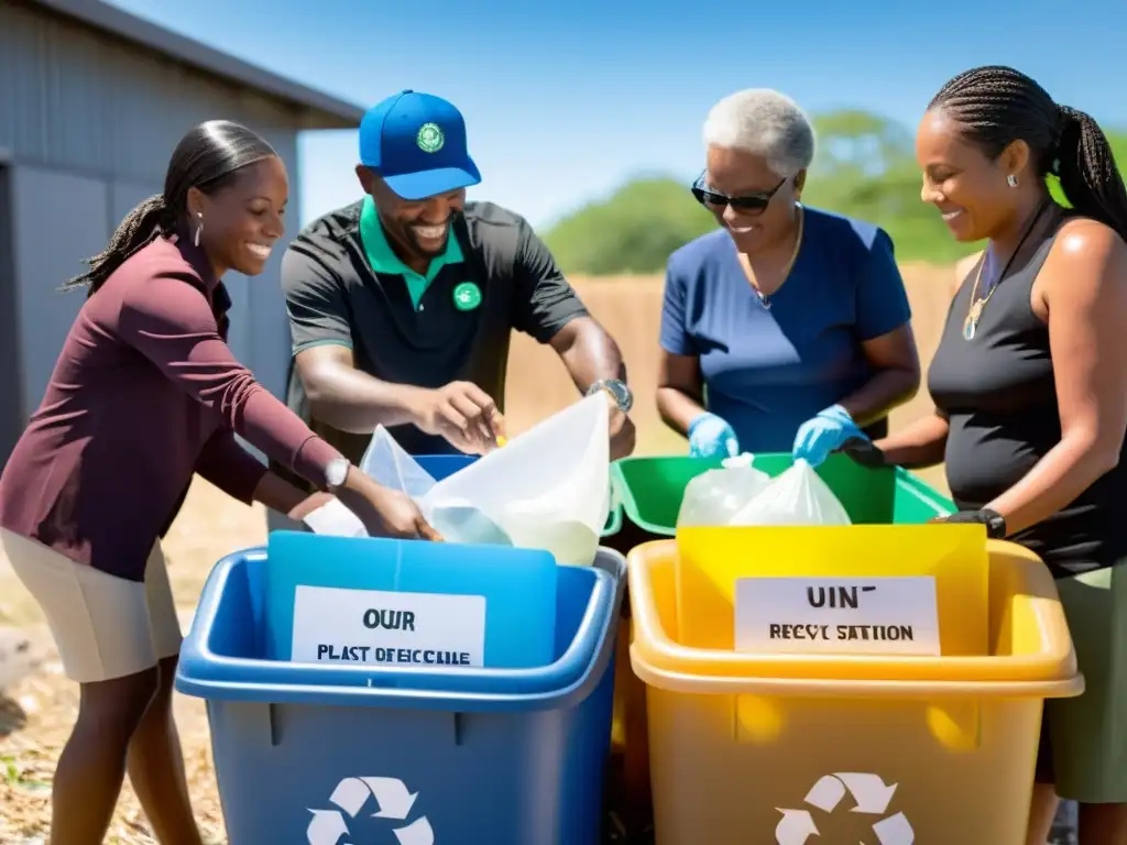 Día de reciclaje en el barrio: comunidad diversa colabora en estación de reciclaje al aire libre, promoviendo responsabilidad ambiental y unidad