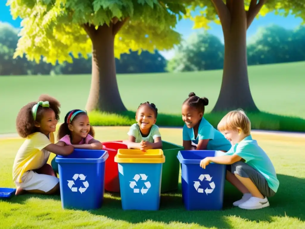 Un día soleado en el campo, niños sonrientes separan materiales reciclables rodeados de contenedores de colores