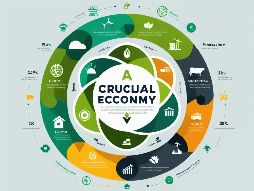 Diagrama circular en blanco inmaculado que muestra la relación entre economía circular y reciclaje, con iconos minimalistas y colores vibrantes