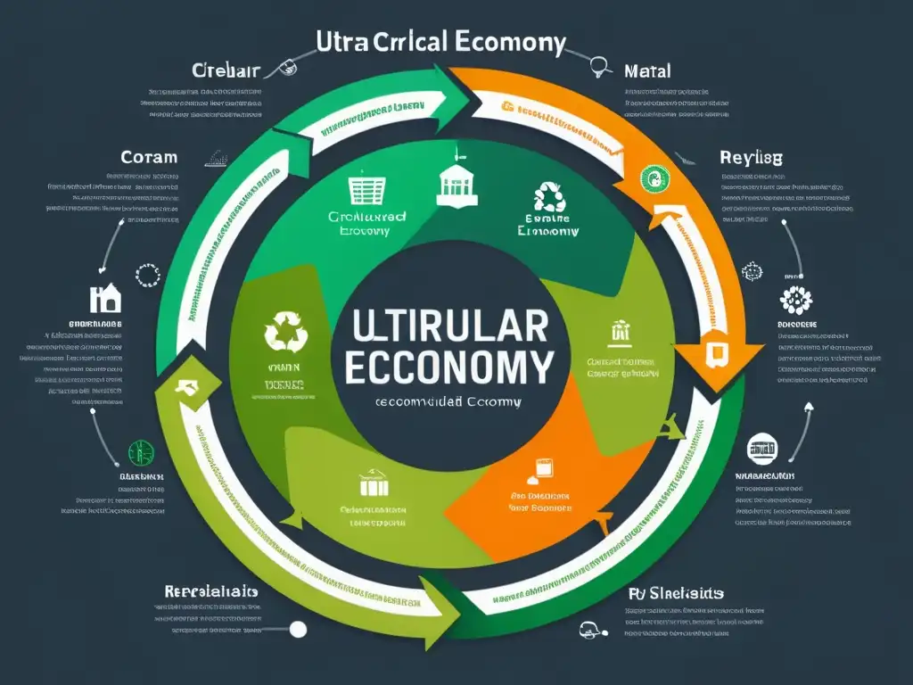 Diagrama detallado de economía circular con impacto positivo en el reciclaje y la economía local, con etiquetas claras y esquema moderno