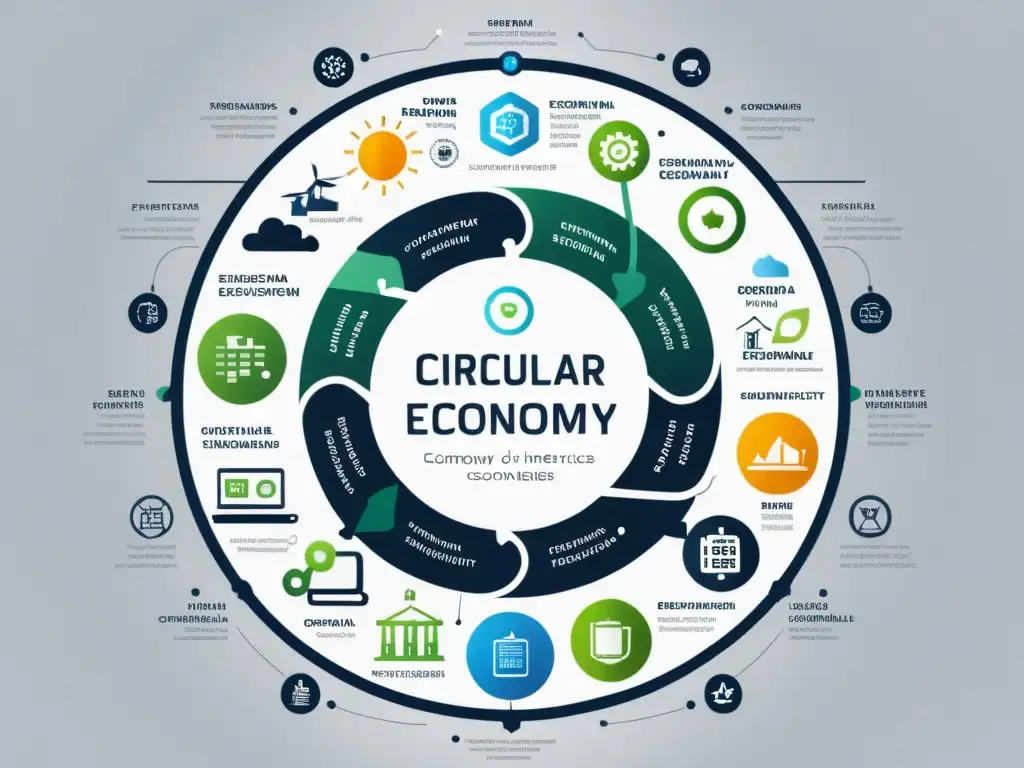 Diagrama tecnológico para optimizar economía circular con flujos de recursos y herramientas futuristas