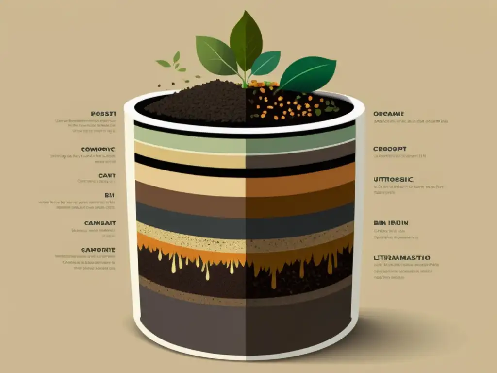 Una ilustración digital minimalista y detallada muestra la evolución del compostaje doméstico con capas de desechos orgánicos, suelo y microorganismos