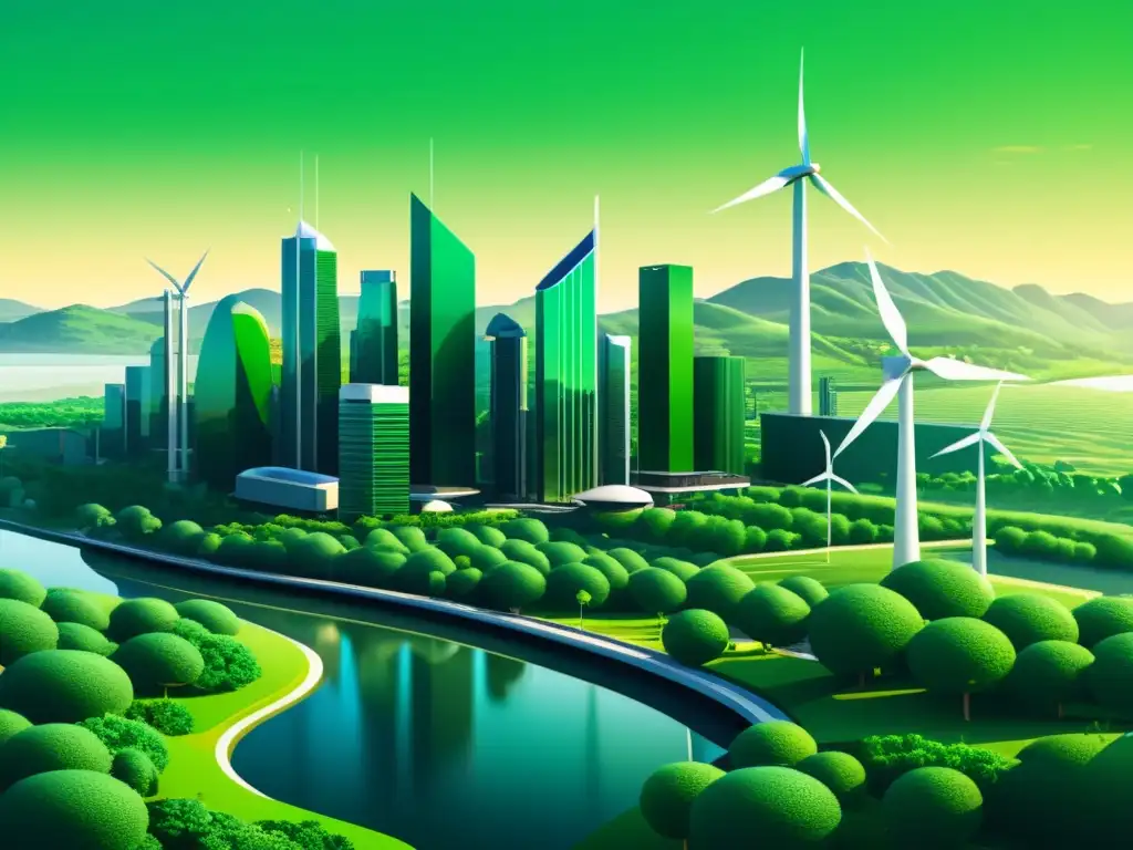 Una ilustración digital minimalista y detallada de una futurista ciudad verde, con rascacielos sostenibles, energía renovable y naturaleza prístina