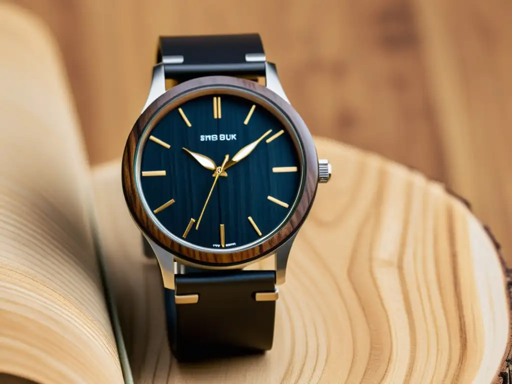 Diseño de accesorios ecológicos reciclados: Detalle de un elegante reloj de madera y metal, fusionando sostenibilidad y diseño contemporáneo