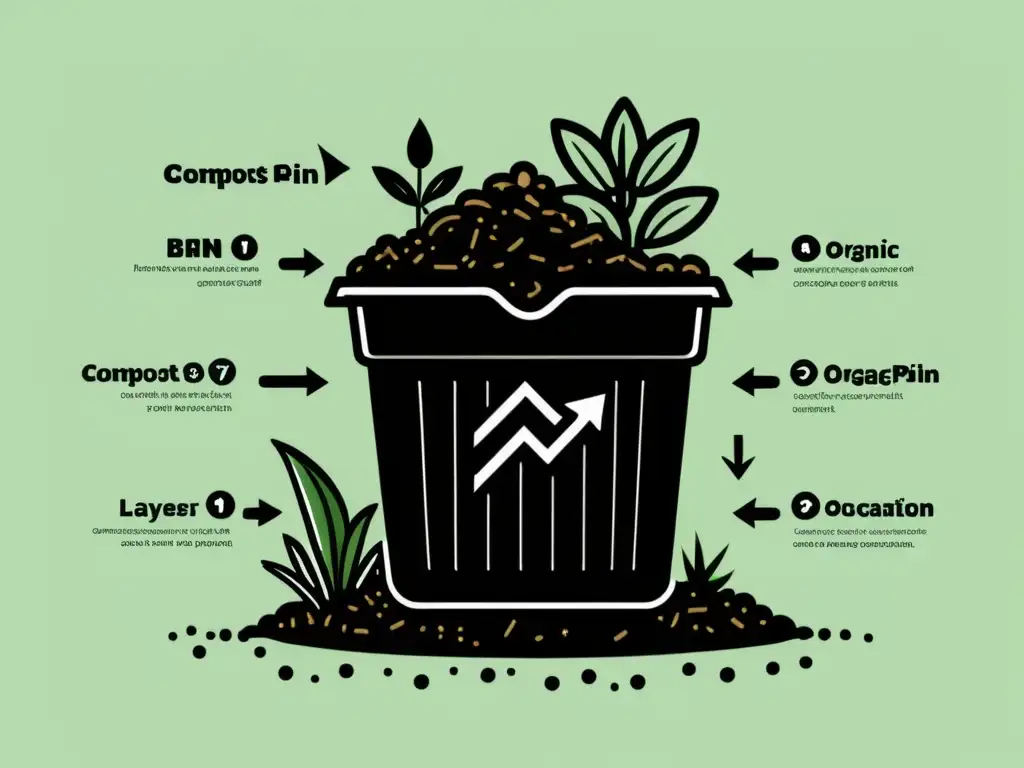 Diseño de compostador de calidad con proceso natural de compostaje y materiales orgánicos en capas, rodeado de plantas verdes saludables