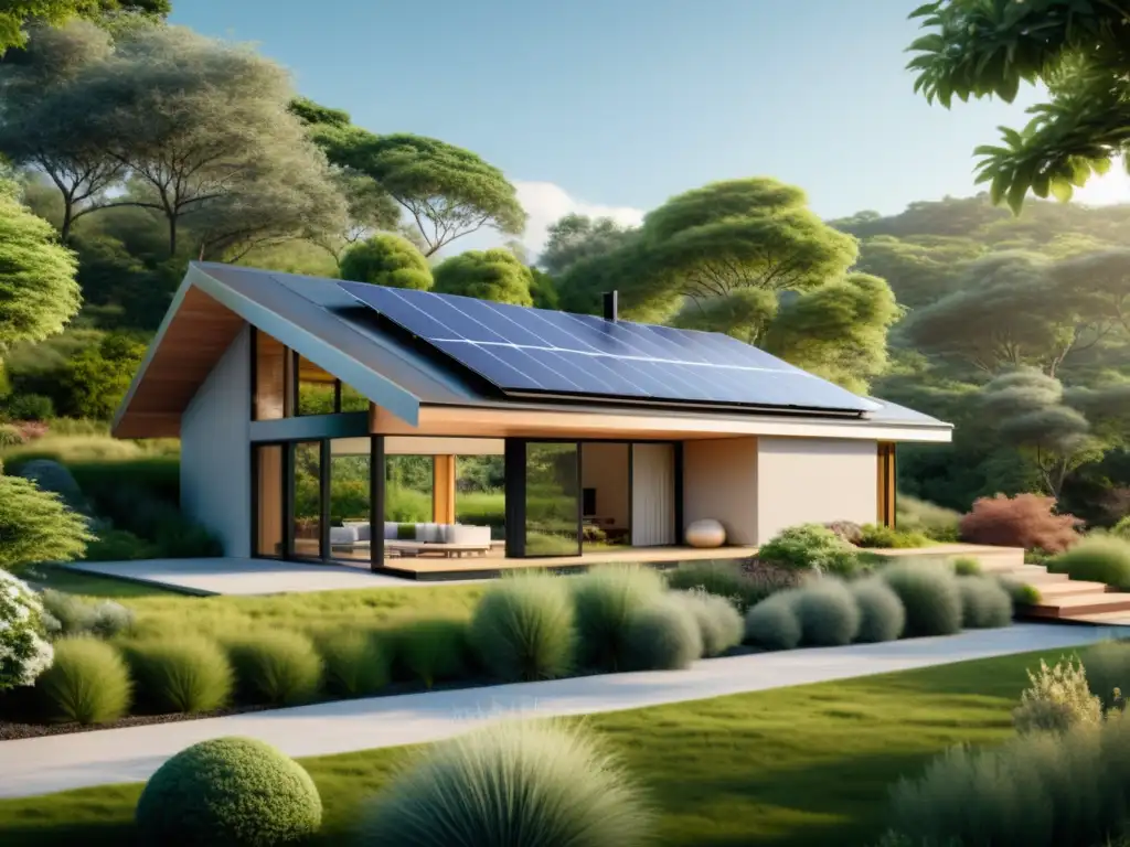 Diseño ecológico en arquitectura sostenible: Casa moderna con paneles solares, techo verde y jardín exuberante