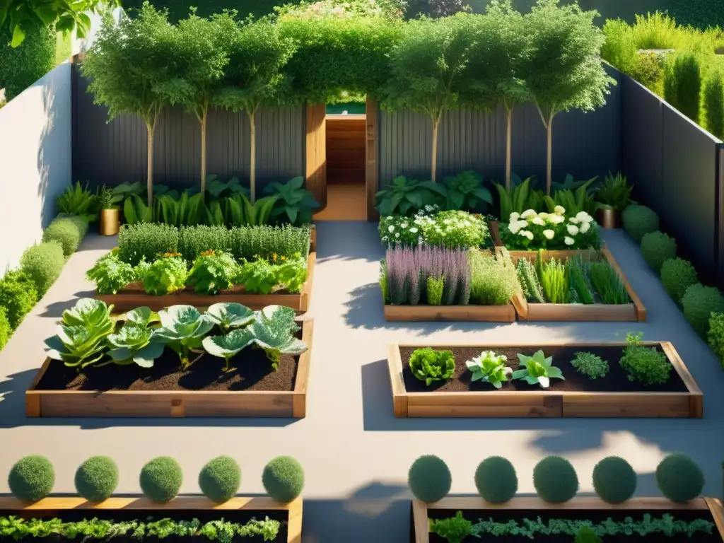 Diseño de jardines orgánicos permacultura: Un jardín minimalista con camas de madera reciclada, vegetales vibrantes y un acogedor rincón rodeado de vegetación exuberante y flores coloridas, iluminado por suave luz solar