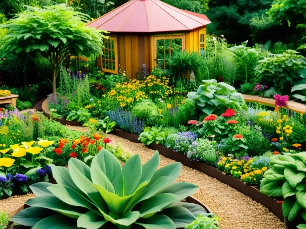 Diseño de jardines orgánicos permacultura: Un exuberante jardín con caminos serpenteantes, flores coloridas y métodos naturales de cultivo