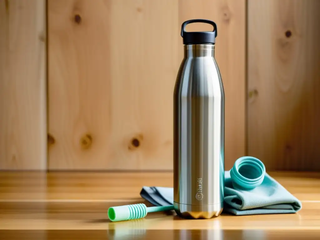 Diseño minimalista de botella reutilizable, sorbete metálico y bolsa de tela sobre madera con luz natural