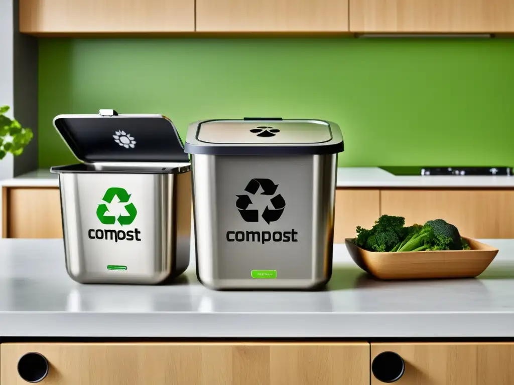 Un diseño moderno y sostenible de cocina con contenedores para compostaje, reciclaje y basura, para consejos para un hogar zero waste