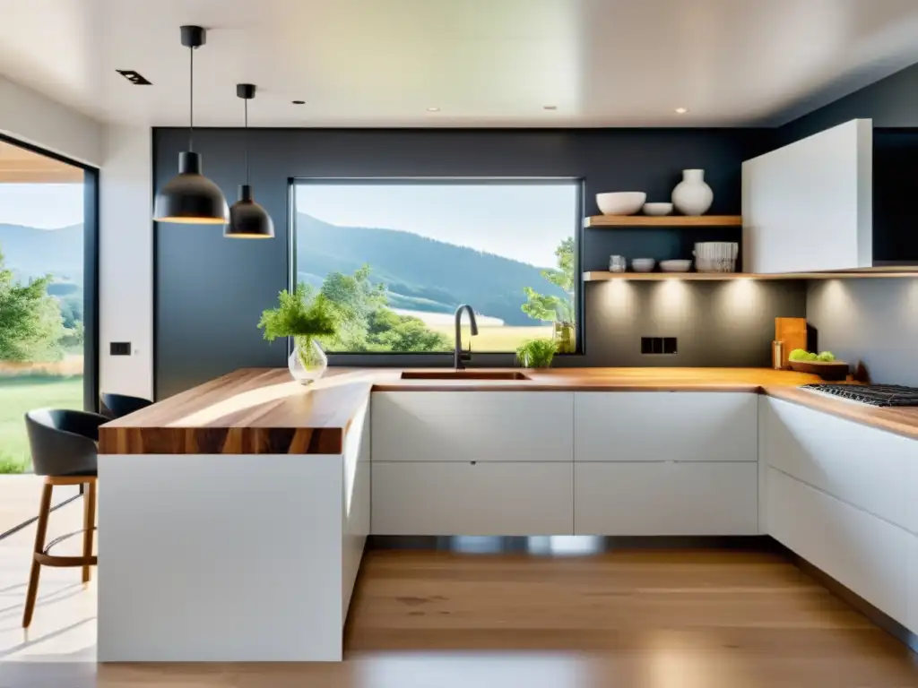 Diseño de vivienda con conciencia reciclaje: Cocina minimalista con materiales sostenibles y ambiente sereno iluminado naturalmente