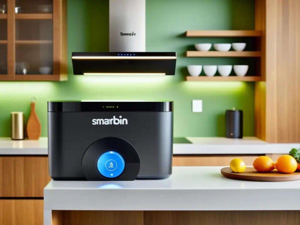 Dispositivo SmartBin en cocina moderna, integrado a la perfección en el hogar inteligente