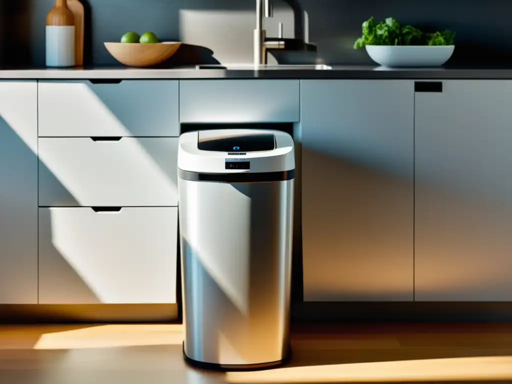 Dispositivos sostenibles para reciclaje: Un contenedor futurista en una cocina moderna, con luz natural y un diseño elegante