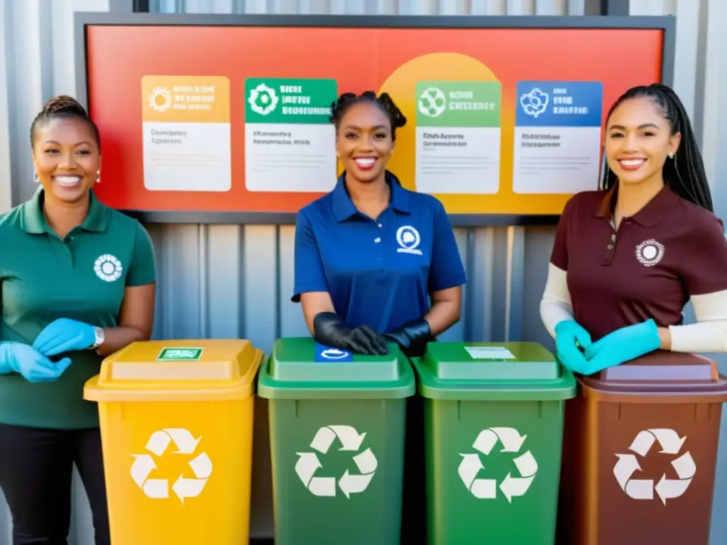 Diversa comunidad colaborando en el Día de reciclaje en el barrio, con estaciones de reciclaje organizadas y consejos ambientales