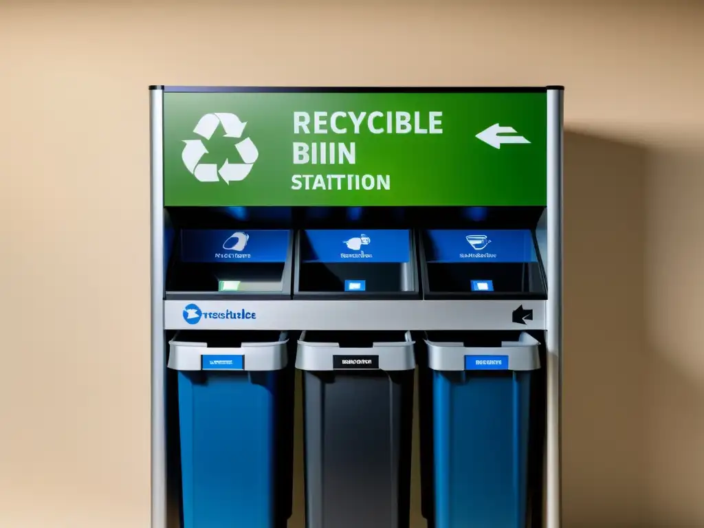 Estación de reciclaje doméstica moderna y minimalista, con contenedores claramente etiquetados para diferentes materiales reciclables