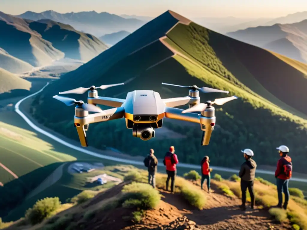 Un drone futurista recoge residuos en un paisaje montañoso, fusionando tecnología y sostenibilidad