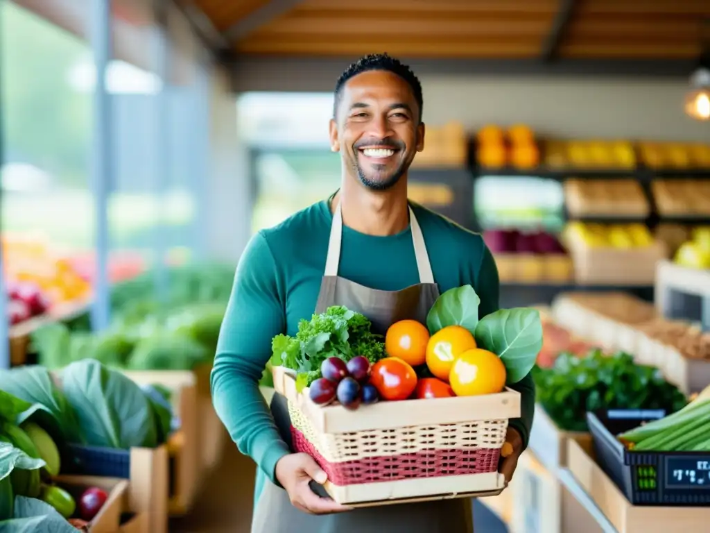 Dueño de negocio local sonriente sosteniendo cesta de productos frescos, promoviendo el compostaje comunitario y negocios locales