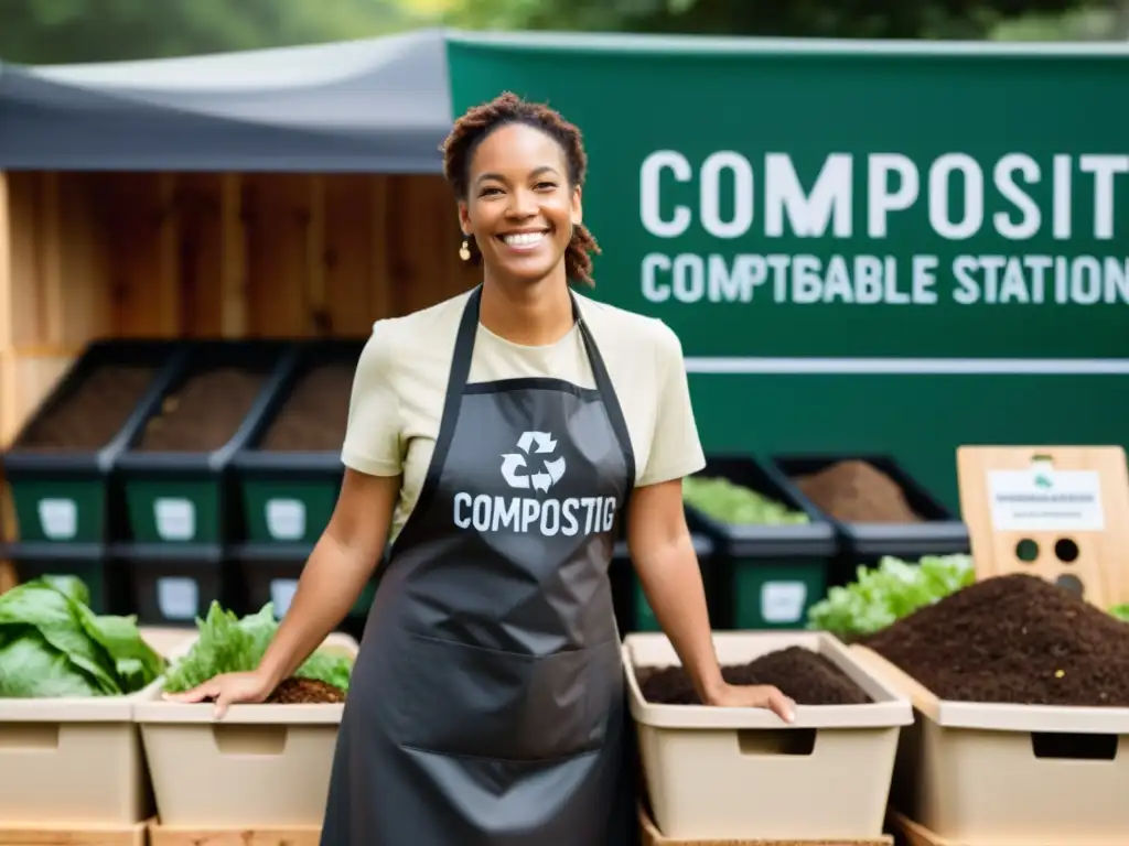 Dueño de negocio sonriente promoviendo la cultura del compostaje en negocios, interactuando con clientes satisfechos