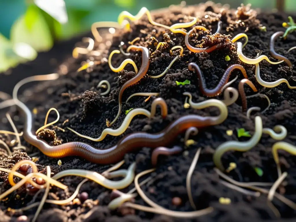 Un ecosistema próspero en un montón de compost, lleno de vida y actividad, con la clave 'Evitar plaguicidas en el compost'