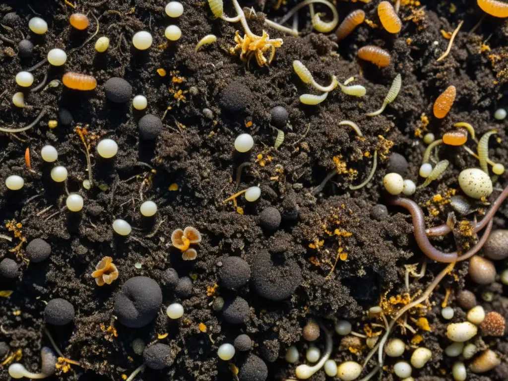 Un ecosistema vibrante de biofertilizantes a partir de compostaje con microorganismos, bacterias beneficiosas y hongos entrelazados