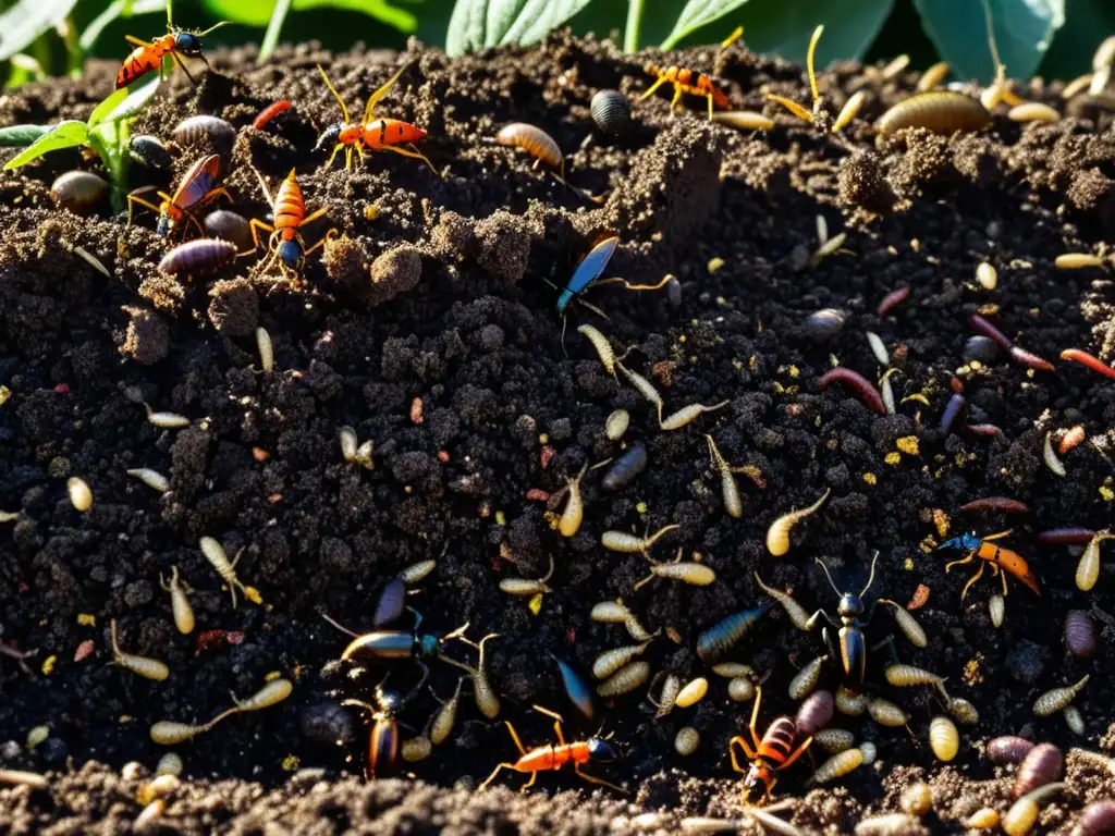 Un ecosistema vibrante de insectos y lombrices en compostaje doméstico, trabajando activamente para descomponer materia orgánica