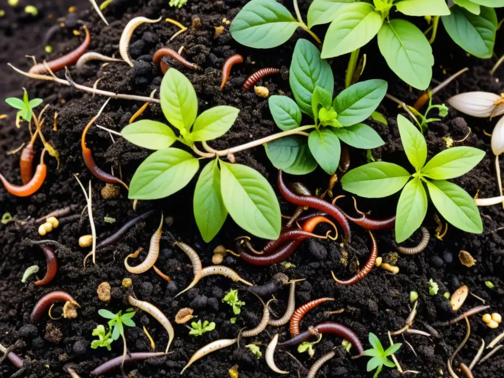 Un ecosistema vibrante en un montón de compostaje casero, maximizando la biodiversidad con vida variada y colorida