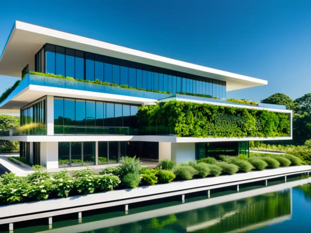 Edificio comercial ecológico con diseño moderno y arquitectura minimalista, rodeado de exuberante vegetación