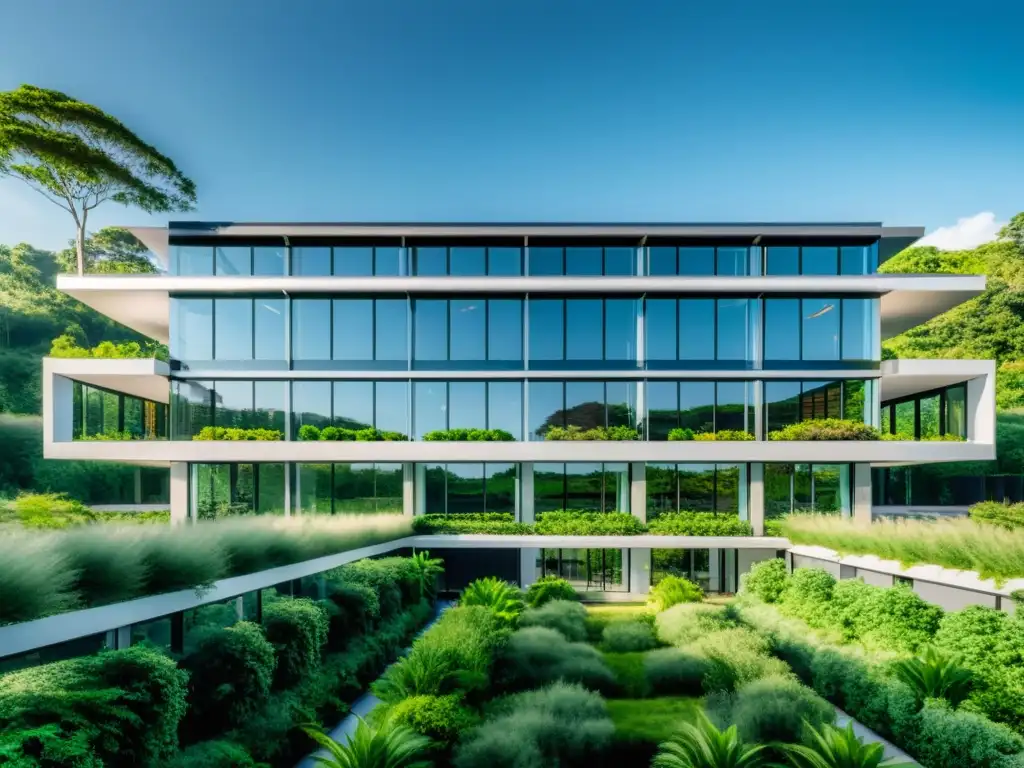 Edificio comercial ecológico con impacto financiero, rodeado de naturaleza y paneles solares en el techo