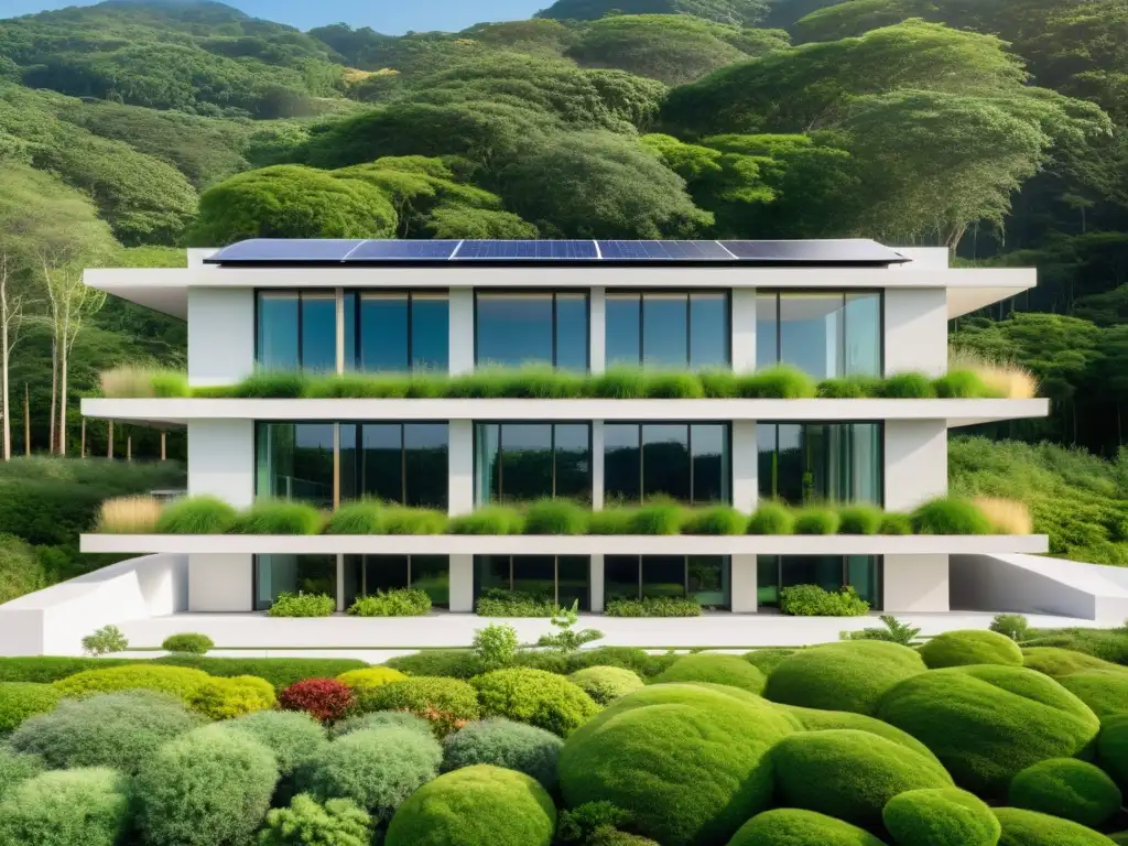 Edificio comercial ecológico rodeado de vegetación exuberante, transmitiendo modernidad y sostenibilidad