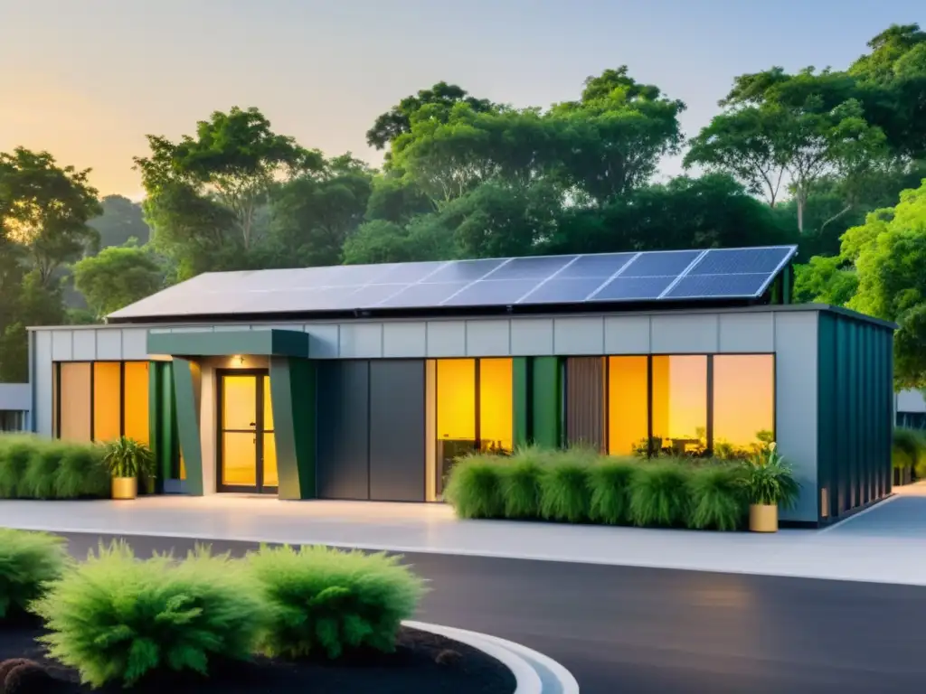 Edificio comercial moderno con contenedores de reciclaje, paneles solares y vegetación exuberante