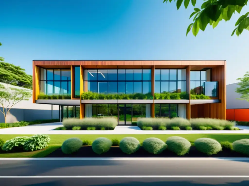 Edificio comercial moderno con diseño minimalista rodeado de vegetación exuberante y prácticas sostenibles de gestión de residuos comerciales