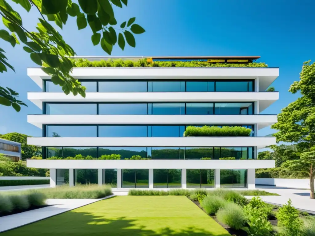 Edificio comercial moderno con diseño ecoamigable y sistemas ecoamigables para edificios comerciales, rodeado de naturaleza y cielo azul