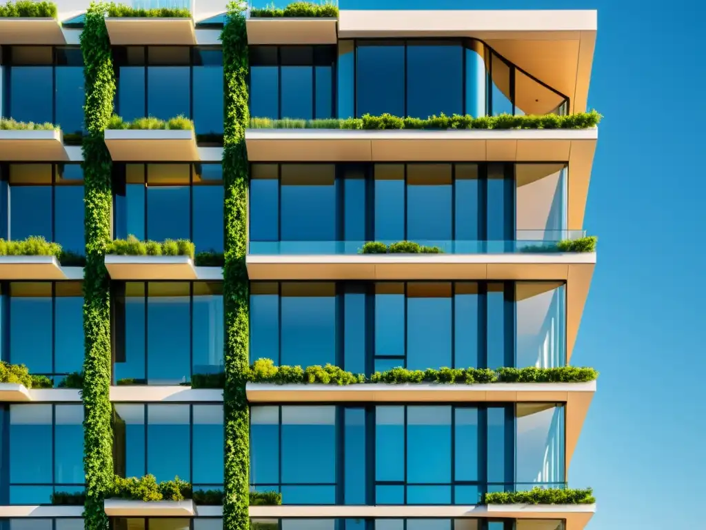 Edificio comercial moderno con innovación en diseño para edificios sostenibles, destacando su fachada verde y paneles solares contra el cielo azul