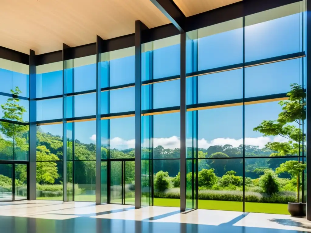 Un edificio comercial moderno y elegante con ventanas de vidrio de piso a techo reflejando el cielo azul y el verde circundante