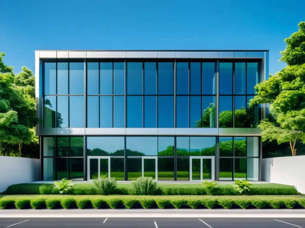 Un edificio comercial moderno y elegante con ventanas grandes y eficientes que reflejan el cielo azul