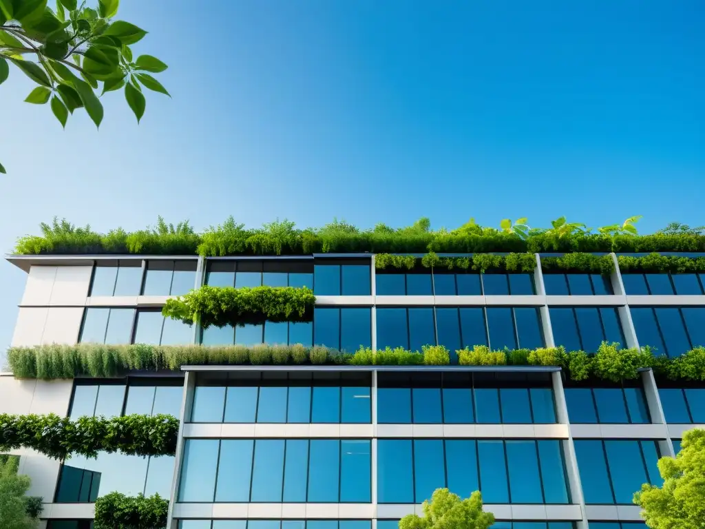 Edificio comercial moderno con entorno verde sostenible en la azotea, armonizando desarrollo urbano y diseño ecológico