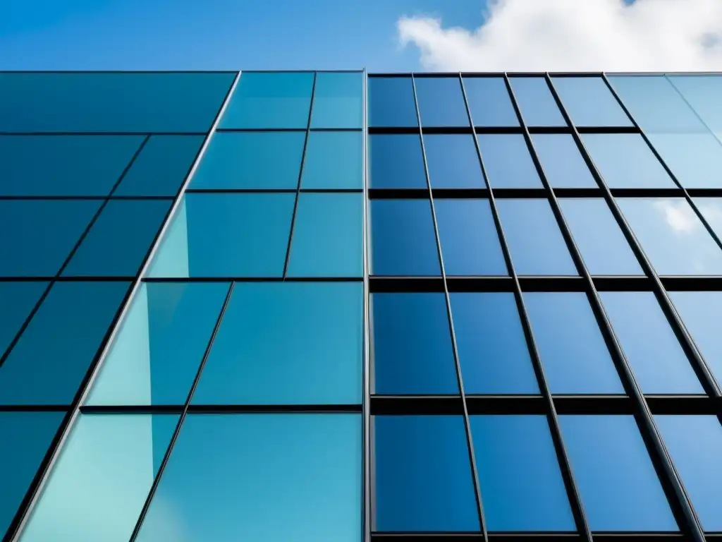 Edificio comercial moderno con fachada de vidrio reflejando el skyline, resaltando los beneficios del vidrio en construcción sostenible