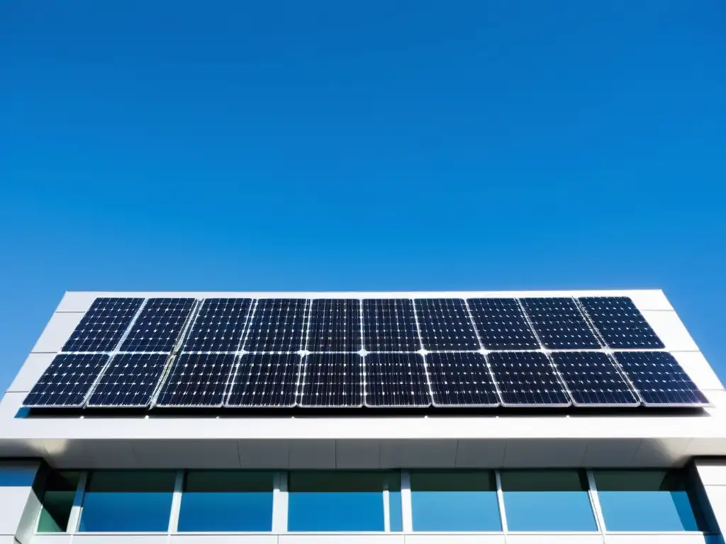 Edificio comercial moderno con integración de energías renovables en arquitectura comercial, capturando la luz solar en un cielo azul claro