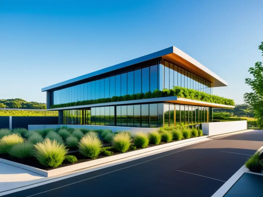 Edificio comercial moderno con integración de energías renovables en su arquitectura, rodeado de naturaleza exuberante y cielo azul claro