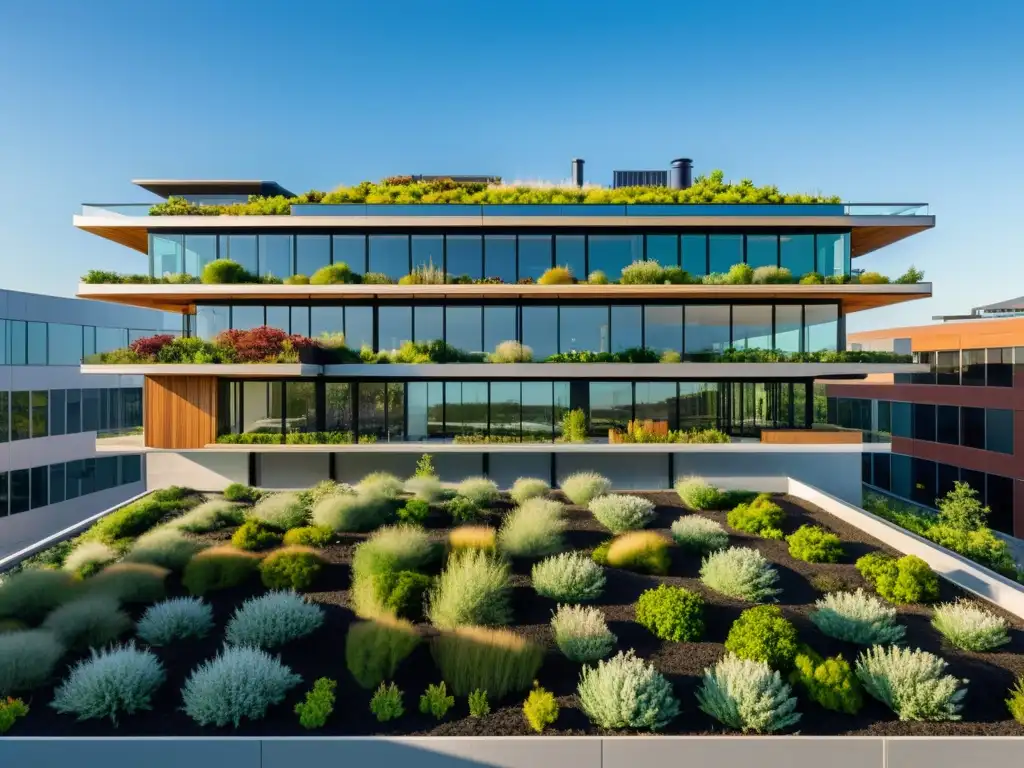 Edificio comercial moderno con materiales sostenibles, diseño elegante y entorno urbano vibrante