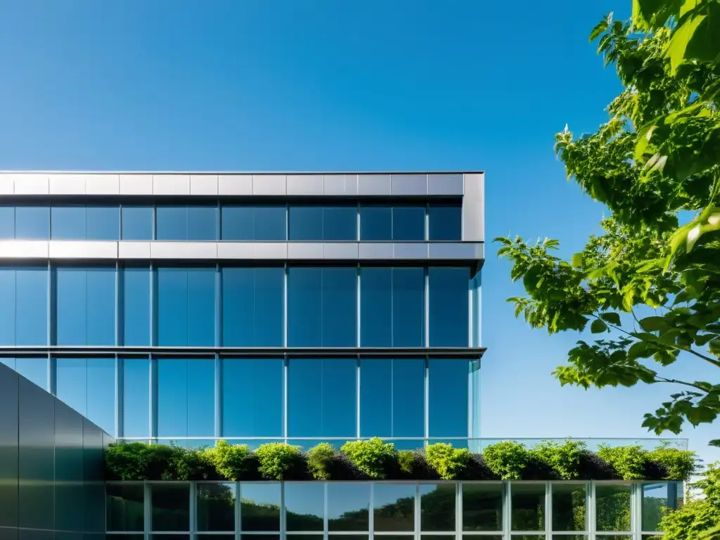 Edificio comercial moderno y minimalista con fachada de vidrio, jardín en la azotea y paneles solares