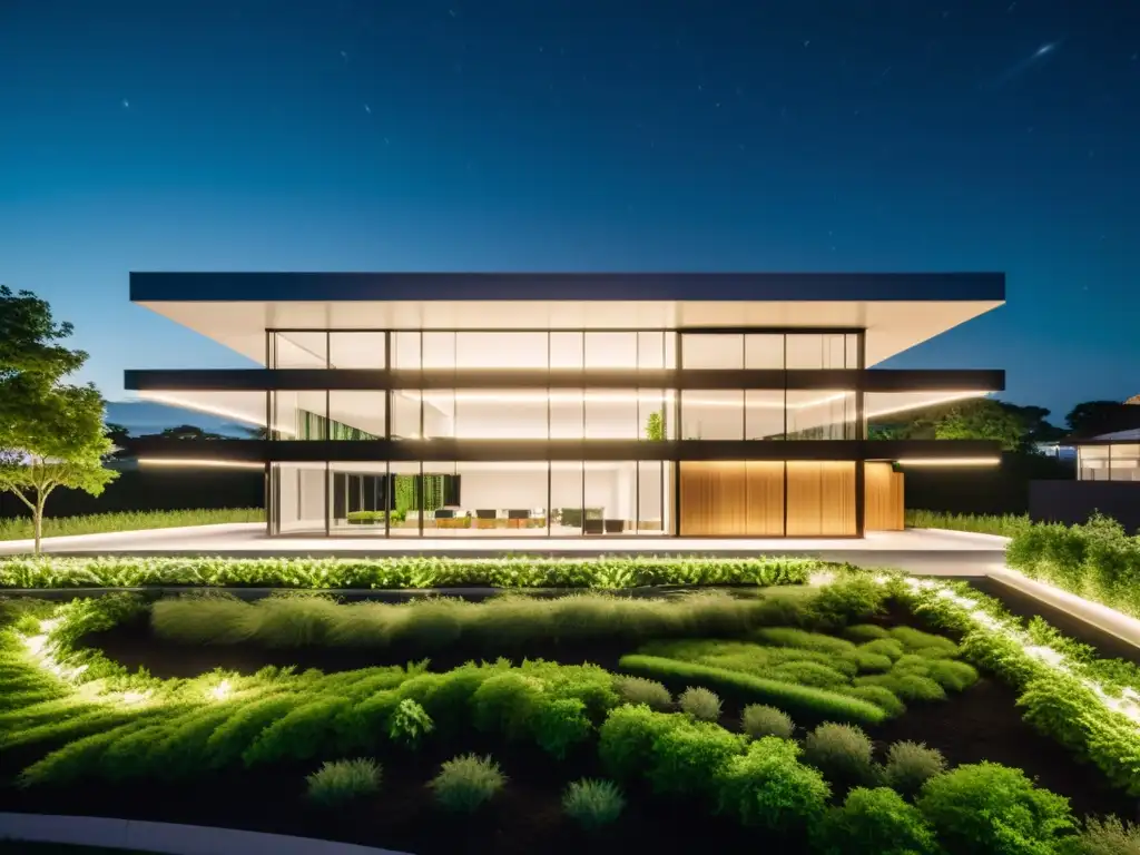 Edificio comercial moderno de noche con iluminación LED, rodeado de vegetación y paneles solares, reducir huella carbono edificios comerciales